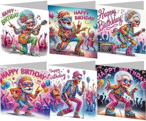 jinglinhh 6pcs Happy Birthday Old Couple Music Guitar Rock Diamond Art Painting Greeting Cards with Envelopes, DIY Card Making Kits for Adults, Diamond Art Postcards Christmas Cards Craft Gifts by Unknown