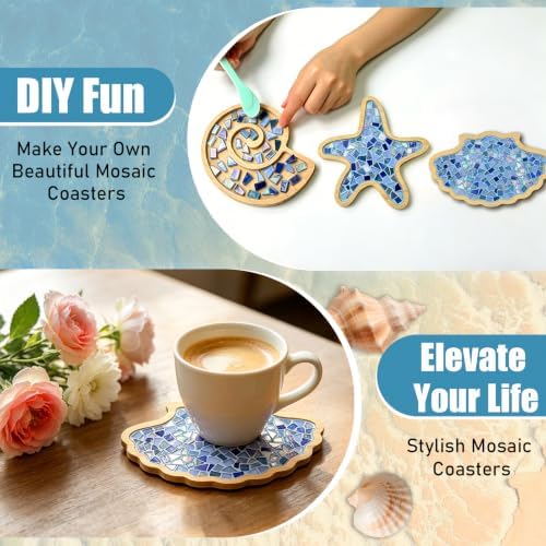luperasol 6 Sets DIY Ocean Mosaic Tiles for Crafts Mixed Color Glass Mosaic Kits Wooden Coaster for Drinks Tray Handmade Home Decoration and Gift Idea - Image 6