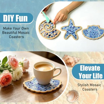 luperasol 6 Sets DIY Ocean Mosaic Tiles for Crafts Mixed Color Glass Mosaic Kits Wooden Coaster for Drinks Tray Handmade Home Decoration and Gift Idea - Image 6