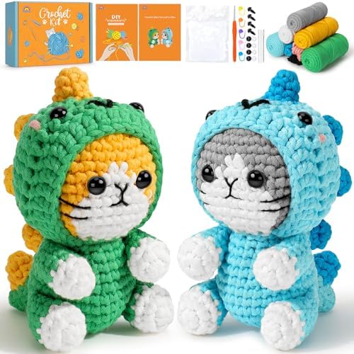 Fortuning's JDS Crochet Kit for Beginners, 2 Pack Dinosaur Cat Crochet Kit by FortuningsJDS