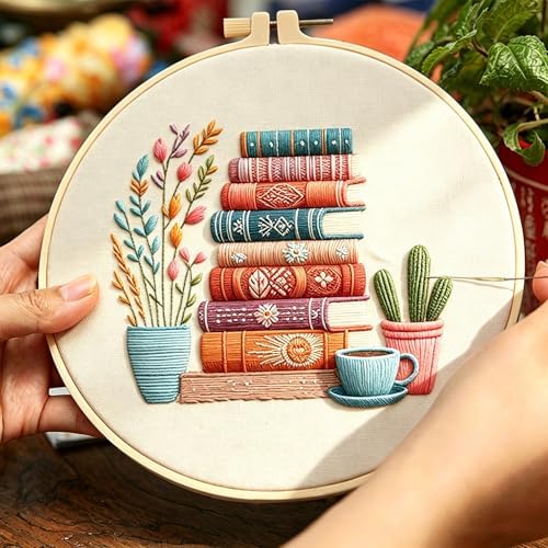DIY Embroidery Kit for Beginners Adults, Stamped Books, Flowers & Coffee Pattern Embroidery Kit, Cross Stitch Set Include Embroidery Cloth Hoops Threads Needles Instruction, for Home Ofiice DIY Gift - Image 6