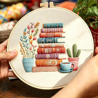 DIY Embroidery Kit for Beginners Adults, Stamped Books, Flowers & Coffee Pattern Embroidery Kit, Cross Stitch Set Include Embroidery Cloth Hoops Threads Needles Instruction, for Home Ofiice DIY Gift - Image 6