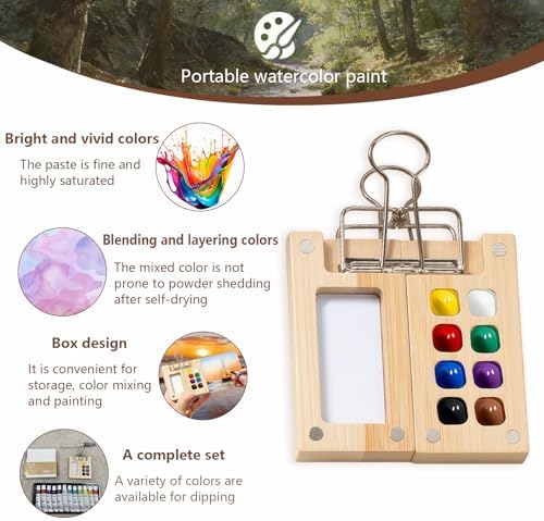 Mini Watercolor Paint Set Bamboo Travel Kit with Watercolor Palette Paintbrush Storage Bag and Water Storage Bottle Ready to Use Watercolor Sets for Artists and Beginners（8 Squares） - Image 7