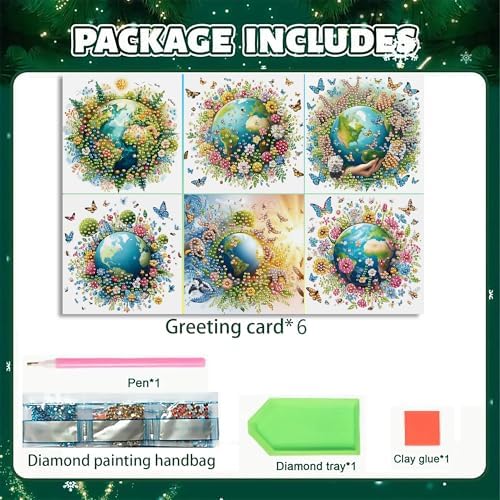 DIZAKIM 6-Piece Christmas-Themed Diamond Painting Greeting Cards Christmas Eve DIY Craft Kit Birthday Gift (Earth) - Image 3