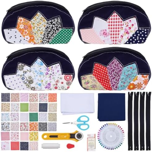 WEBEEDY 4 Sets DIY Quilted Cosmetic Bag Kit for Adult Beginners Small Quilted Zipper Bag Making Kit with Video Tutorial Handmade Makeup Organizer Pouch for Women Valentine's Day DIY Sewing Craft Gift by WEBEEDY