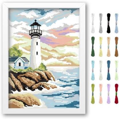 FREEBLOSS Lighthouse Cross Stitch Kit Cross Stitch Starter Kit for Adults with Instructions 13 * 17'' Cotton Cloth Cross Stitch Wall Art Cross Stitch for Beginnrs Cross Stitch Wall Hanging No Frame by FreeandCreativeCraftsArt