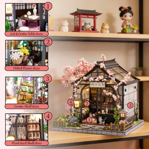 MINORIA Sakura Greenhouse DIY - Miniature House Building Kit-3D Wooden Cherry Blossom Dollhouse with Acrylic Dust Cover - LED Light - Image 3