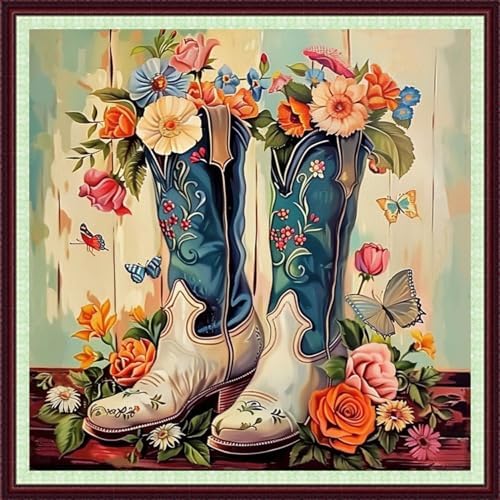 Dooxvey Cross Stitch Kits for Adults Beginners,Full Range of Cross-Stitch Stamped Kits Needlepoint Kits for Beginners Embroidery Kits 11CT Cross Stitch Patterns-Flower Boots 18x18 inch by DooxveyStampedEmbroideryKit