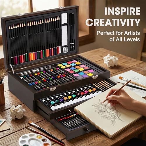 175-Pack Deluxe Wooden Art Set Drawing Painting Kit with 2 Drawing Pads, Acrylic Paints, Colored Pencils, Crayons, Paint Brush, Art Kit in Wooden Case, Gift for Artist, Adults, Teens and Kids - Image 6