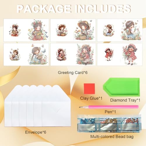 6pcs Diamond Art Painting Kit Greeting Card, Flower Picking Flower Garden 5D DIY Diamond Handmade Holiday Greeting Card with Envelope, Holiday Gift Congratulation - Image 3