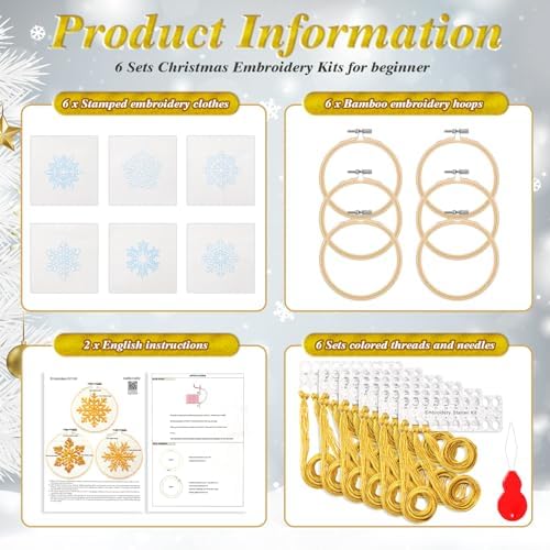 Roowest 6 Sets Christmas Embroidery Kits Snowflake Ornament DIY,Gold - Image 4