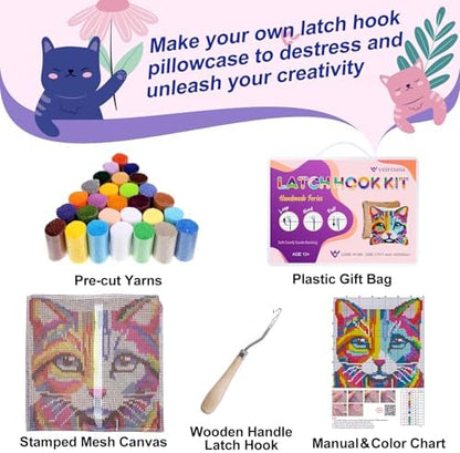 Colorful Cat Latch Hook Pillow Kits for Adults Beginner, Pre-printed Canvas - Image 3