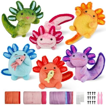 MOREJMTT Needle Felting Kit, 6 PCS Animal Needle Felting Beginner Kits, Wool Felt Needle Felting Tools Foam Pad, Craft Party Supplies for Beginners Adult(6pack Axolotl) by MOREJMTT