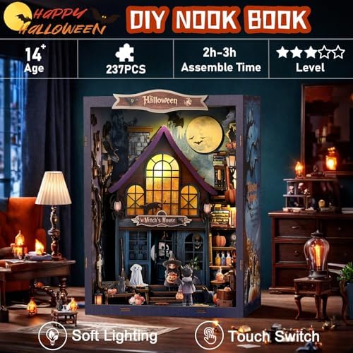 Halloween Book Nook Kit with LED, DIY Miniature House Dollhouse Kit for Adults and Teens, 3D Wooden Puzzle Booknook Tiny House Bookshelf Halloween Decorations, Gift for Family, Friends - Image 4
