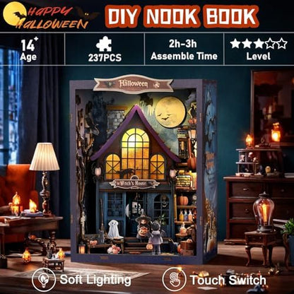 Halloween Book Nook Kit with LED, DIY Miniature House Dollhouse Kit for Adults and Teens, 3D Wooden Puzzle Booknook Tiny House Bookshelf Halloween Decorations, Gift for Family, Friends - Image 5