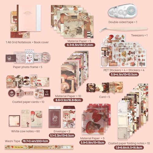 Scrapbook Photo Album Supplies Kit with Tweezers and Glue Tape – Vintage Aesthetic Junk Journaling Set, Scrapbooking Paper, Sticker Pack, Notebook, Stationery Kit, Gift for Adults Teens (Mushroom) - Image 4