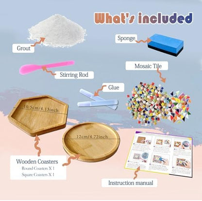 Nuyoach DIY Mosaic Coaster Kits for Adults Craft,2 Sets Ceramic Arts and Crafts Tile Kit with Wooden Coasters,Glass Mosaic Adult Craft Kits for Women Seniors Handmade Gifts Home Decor - Image 2