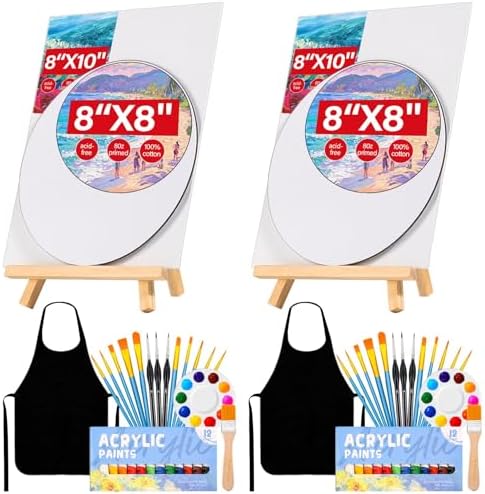 Date Night Painting Kit, 62 Pcs Detail Paint Brushes Canvas Panels with Wood Easel 12 Colors Acrylic Paint, Circular Canvas Art Aprons Sip and Paint Supplies for Adults and Beginner by cridoz
