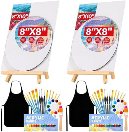 Date Night Painting Kit, 62 Pcs Detail Paint Brushes Canvas Panels with Wood Easel 12 Colors Acrylic Paint, Circular Canvas Art Aprons Sip and Paint Supplies for Adults and Beginner by cridoz