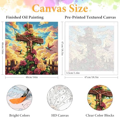 Paint by Numbers Kit for Adults, Christian Cross & Roses Design, 16x16 Inch - Image 2
