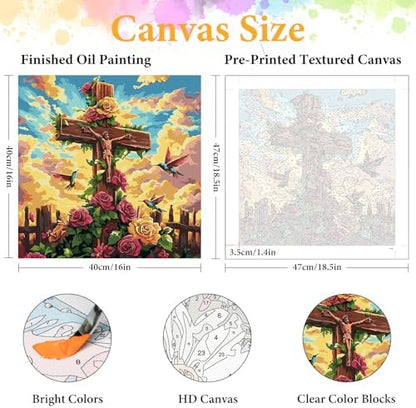 Paint by Numbers Kit for Adults, Christian Cross & Roses Design, 16x16 Inch - Image 2