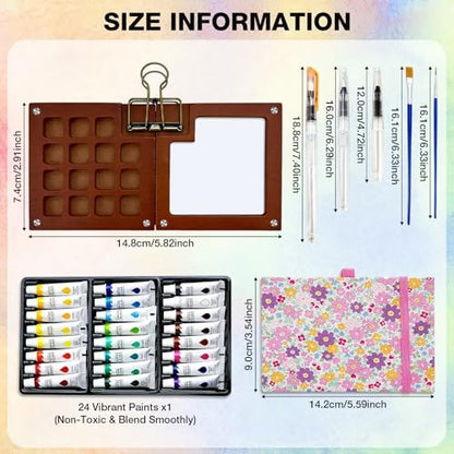Mini Portable Watercolor Paint Palette Set - 15 Grid Paint Box with Binder Clips Include 24 Colors Watercolor Paint, 5 Brushes & Sketchbook, Travel Drawing Kit for Beginners and Art Enthusiasts - Image 6