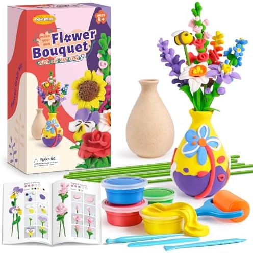 Drama Planet Flower Craft Kit for Kids, Make Your Own Flower Bouquet with Air Dry Clay, Arrange Clay Flowers & Create Personalized Art, Great Gifts for Girls by DramaPlanet