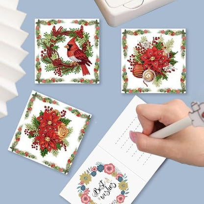 DIY Diamond Greeting Cards Set Christmas, 5D DIY Diamond Art Painting Greeting Card, DIY Christmas Card Making Kits for Family Friends Handmade Gift-#10-Christmas Poinsettia - Image 2
