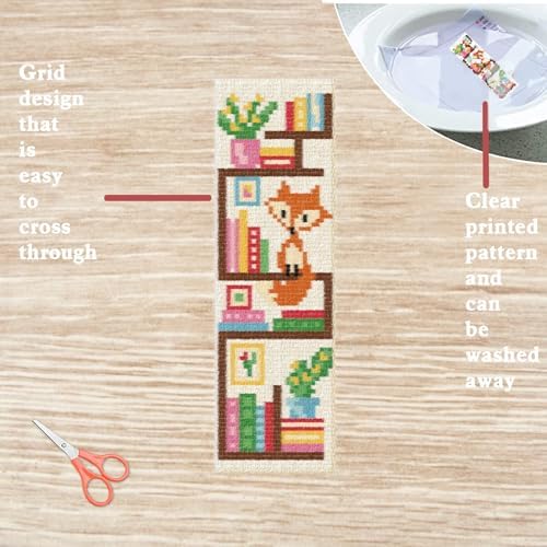 FREEBLOSS 6 Set Cross Stitch Bookmark Kits Fox Bookshelf Pattern Stamped Embroidery Kit Stitch Bookmarks DIY Book Marks Printed Cross Stitch Kits with Instructions for Beginners Adults, 8''x2.4'' - Image 3