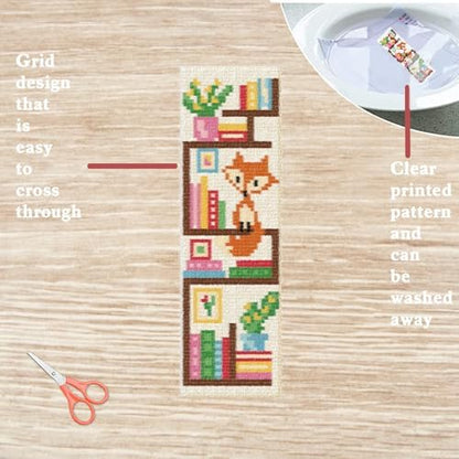 FREEBLOSS 6 Set Cross Stitch Bookmark Kits Fox Bookshelf Pattern Stamped Embroidery Kit Stitch Bookmarks DIY Book Marks Printed Cross Stitch Kits with Instructions for Beginners Adults, 8''x2.4'' - Image 3