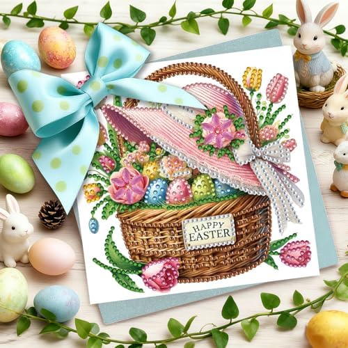 6Pcs Easter Greeting Card DIY Diamond Art Painting Greeting Cards Special Shaped Diamond Blessing Folding Card Kit Arts Crafts for Holiday Festival-Flower Baskets - Image 3