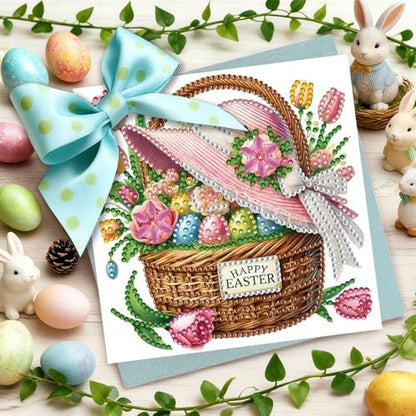 6Pcs Easter Greeting Card DIY Diamond Art Painting Greeting Cards Special Shaped Diamond Blessing Folding Card Kit Arts Crafts for Holiday Festival-Flower Baskets - Image 3