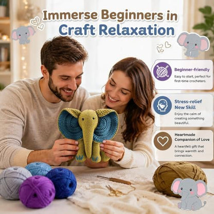 JYZJDKE Crochet Kit for Beginners Adults - DIY Amigurumi Elephant Knitting Starter Kit with Yarn Sets, Crochet Animal Kit Cute Stuffed Animal Craft Birthday Gifts (Dark Blue+Ginger Elephant) - Image 2