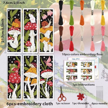 ACRNIGHEET 6PCS Stamped Cross Stitch Bookmark Kit for Beginners Mushroom - Image 2