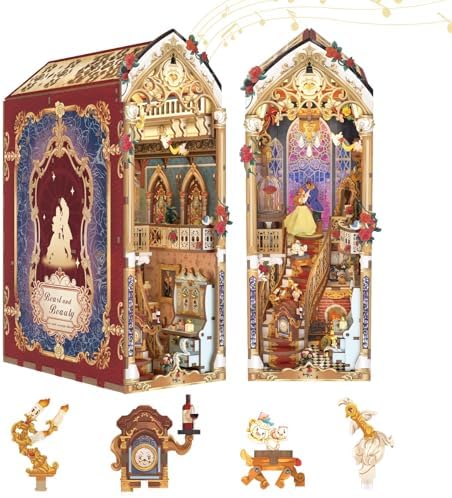 Tonecheer DIY Book Nook Kit for Adults, 3D Wooden Puzzle Music Booknook Miniature Dollhouse, Fairy Tale Bookend Bookshelf Decor with Dust Cover and LED Lights Gifts (Beast‌ and Beauty) by Tonecheer
