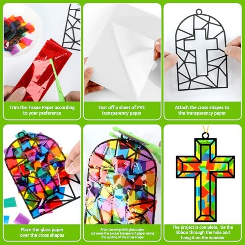 Lonfliness 32 Set Cross Suncatchers Craft DIY Religious VBS Window Stain Glass Effect Paper Christian Home Sunday Easter Decorations Art Craft Creative Activity Project Gift Favor - Image 3