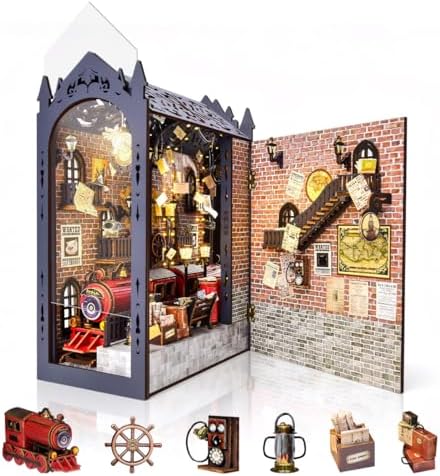 DIY Retro Train Station Book Nook Kit, 3D Wooden Miniature Dollhouse Puzzle Bookend with LED Light, Beginner-Friendly for Adults, Book Lovers & Collectors, Bookshelf Decor & Ideal Gift by Unknown