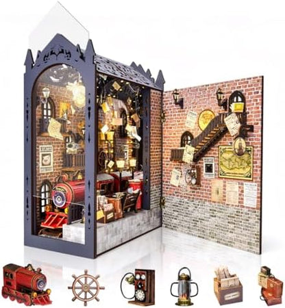 DIY Retro Train Station Book Nook Kit, 3D Wooden Miniature Dollhouse Puzzle Bookend with LED Light, Beginner-Friendly for Adults, Book Lovers & Collectors, Bookshelf Decor & Ideal Gift by Unknown