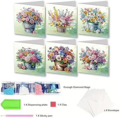 Diamond Art Painting Cards,6 Pack Gem Art Greeting Cards with Envelopes, 5D Diamond Dots Kits Birthday Cards Making Kits for Adults Family Friends Birthday Gifts(Flower Bucket) - Image 6