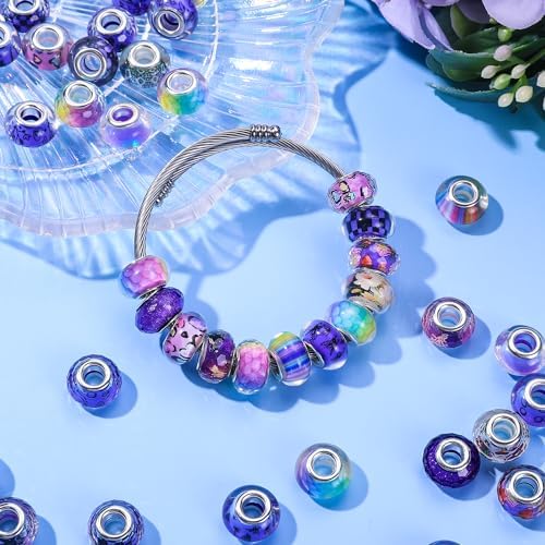 Aipridy Large Hole European Beads, Craft Supplies Kit，Assorted Mixed Color Lampwork Spacer Beads for DIY Bracelet Jewelry Making (100, Purple) - Image 3