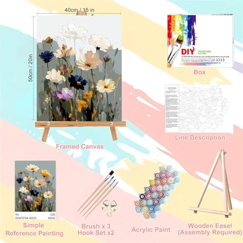 Flower Paint by Numbers for Adults with Framed Canvas - with Wooden Easel - Image 2