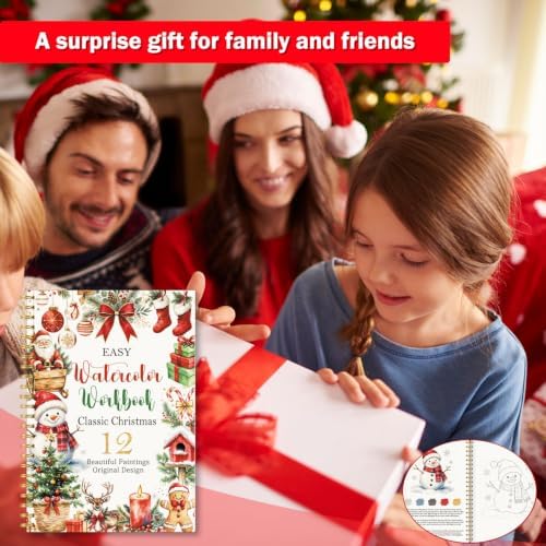 Christmas Gift, Christmas Watercolor Workbook, Watercolor Painting Book with 12 Different Xmas Designs, Water Coloring Book Set with Water Paintbrush for Beginners, Xmas Gift for Boys Girls Friends - Image 7