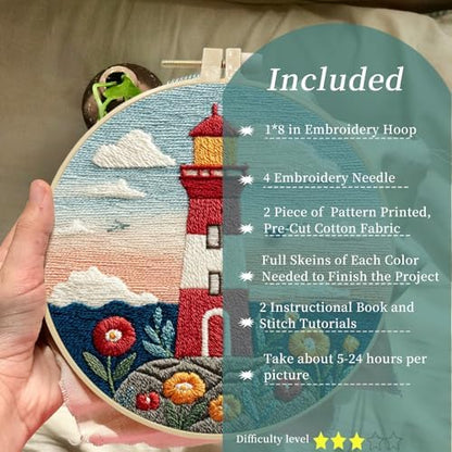 FONNUY Embroidery Kit for Beginners, Lighthouse Landscape Flowers Pre-Stamped Pattern Kits for Adults with Hoop, Easy to Follow Color Thread Needlework, 8'' Hoop (Blue and Orange) - Image 2