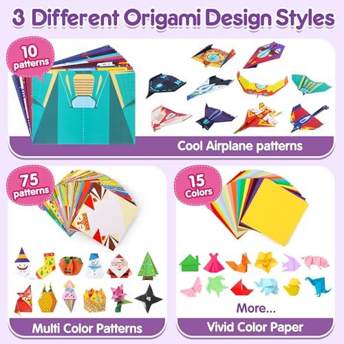 Mocoosy 320 Sheets Origami Kit for Kids Ages 5-8 9-12, Folding Paper Set with Origami Book & Paper Airplane, DIY Art Craft Project for Boys Girls, Travel Game Airplane Car Road Trip Activity Toy Gift - Image 5