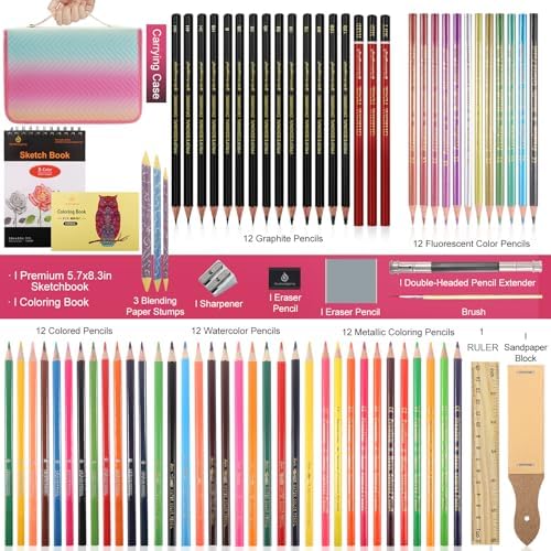 78pcs Drawing Kit Sketching Set Art Supplies with 3-Color Sketchbook Colorful Portable Case Colored Graphite Charcoal Watercolor Mettallic Pencil sketch draw gift set for Artist Adult Beginner - Image 4