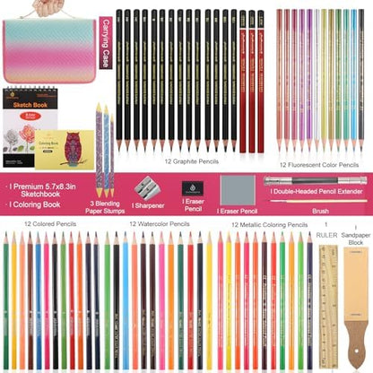 78pcs Drawing Kit Sketching Set Art Supplies with 3-Color Sketchbook Colorful Portable Case Colored Graphite Charcoal Watercolor Mettallic Pencil sketch draw gift set for Artist Adult Beginner - Image 4