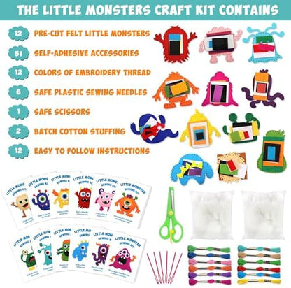 CiyvoLyeen Kids Sewing Kit Crafts– Little Monsters Felt Plush DIY Craft Adopt A Monster Educational Sewing Set for Kids Beginner Craft Kit Set of 12 - Image 4