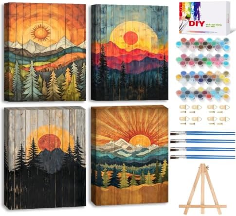 4 Pack Framed Paint by Numbers Kit for Adults with Wooden Easel - Sunset Landscape Paint by Numbers with Frame for Beginners, Adult Paint by Number Kits Framed Canvas for Home Decor Gift 8x12 Inch by LWZAYS