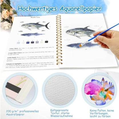 Watercolor Workbook for Adults – Watercolor Coloring Book with 14 Watercolor Paintings, 16 Colors, 3 Brushes & Color Mixing Guide – Large 200GSM Paper for Beginners & Art Enthusiasts - Image 2