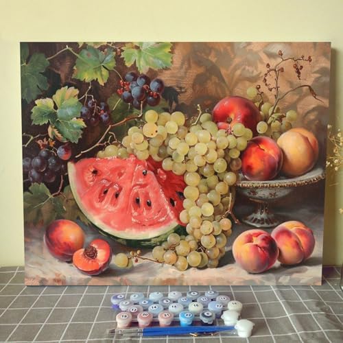 Fruits DIY Paint by Numbers for Adults Vintage Fruits DIY Digital Oil Painting Grape Watermelon Orange Peach Plum Painting Kits Canvas Acrylic Paint Funny Room Decor 16x20 Inch （without Frame ） - Image 2